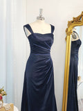 A-Line/Princess Straps Sleeveless Elastic Woven Satin Ruched Floor-Length Dresses