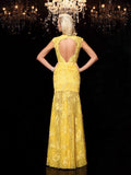 Sheath/Column Jewel Lace Short Sleeves Long Chiffon Dresses TPP0009232
