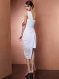 Sheath/Column One-Shoulder Sleeveless Pleats Beading Short Chiffon Homecoming Dresses TPP0008150