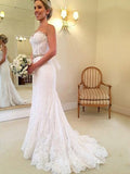 Sheath/Column Sweetheart Sleeveless Sweep/Brush Train Beading Lace Wedding Dresses TPP0006222