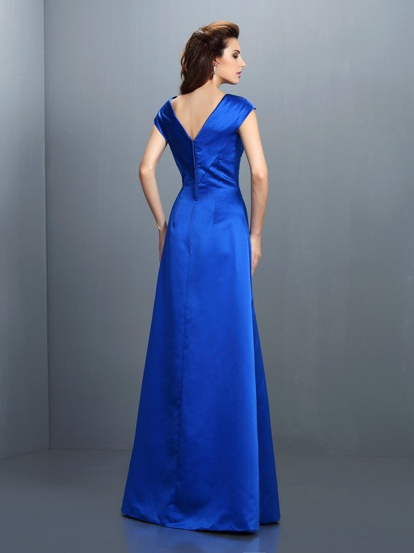 A-Line/Princess V-neck Sleeveless Long Satin Dresses TPP0009180