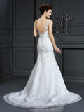 Sheath/Column Bateau Lace Sleeveless Long Satin Wedding Dresses TPP0006256