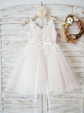 A-Line/Princess Tulle Lace V-neck Sleeveless Knee-Length Flower Girl Dresses TPP0007473
