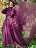 Ball Gown High Neck Tulle Applique Long Sleeves Sweep/Brush Train Muslim Dresses TPP0004669