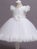 Ball Gown Tulle Applique Scoop Short Sleeves Tea-Length Flower Girl Dresses TPP0007512