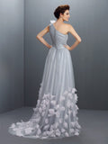 A-Line/Princess One-Shoulder Hand-Made Flower Sleeveless Long Net Dresses TPP0004008