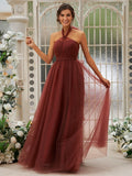 A-Line/Princess Tulle Ruffles Halter Sleeveless Floor-Length Bridesmaid Dresses TPP0004965