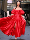 A-Line/Princess Satin Ruffles Off-the-Shoulder 1/2 Sleeves Ankle-Length Dresses TPP0004822