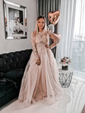 A-Line/Princess Tulle Long Sleeves Applique Floor-Length Scoop Dresses TPP0003994