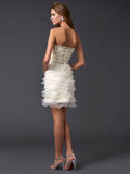 Sheath/Column Strapless Sleeveless Beading Short Tulle Homecoming Dresses TPP0008420