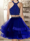 A-Line Halter Cut Short With Beading Organza Blue Homecoming Dresses TPP0008507