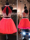 A-Line/Princess Sleeveless Halter Tulle Beading Short/Mini Two Piece Dresses TPP0008331