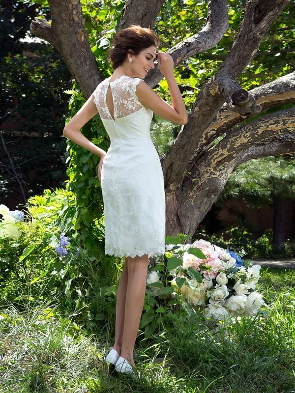 A-Line/Princess Sheer Neck Applique Sleeveless Short Satin Wedding Dresses TPP0006594