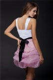 Ball Gown V-neck Sleeveless Short Beading Sash Organza Elastic Woven Satin Cocktail Dresses TPP0009022