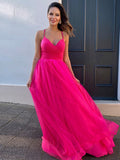 A-Line/Princess Tulle V-neck Ruched Sleeveless Sweep/Brush Train Dresses TPP0004756