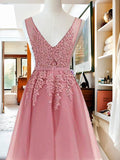 A-Line V-neck Cut Short With Applique Tulle Pink Homecoming Dresses TPP0008560