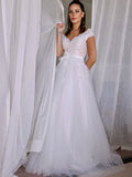 A-Line/Princess Tulle V-neck Sleeveless Lace Floor-Length Wedding Dresses TPP0006410