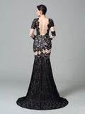 Sheath/Column High Neck Lace 3/4 Sleeves Long Elastic Woven Satin Dresses TPP0009212