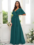 A-Line/Princess Silk like Satin Sash/Ribbon/Belt V-neck Short Sleeves Floor-Length Bridesmaid Dresses TPP0004897