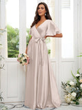 A-Line/Princess Silk like Satin Sash/Ribbon/Belt V-neck Short Sleeves Floor-Length Bridesmaid Dresses TPP0004897