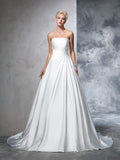 Ball Gown Strapless Ruched Sleeveless Long Satin Wedding Dresses TPP0006591