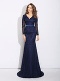 Sheath/Column V-neck Long Sleeves Long Lace Dresses TPP0009127