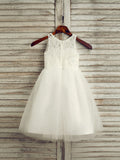A-Line/Princess Tulle Lace Scoop Sleeveless Tea-Length Flower Girl Dresses TPP0007524