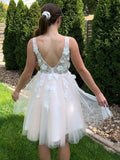 A-Line/Princess V-neck Applique Sleeveless Tulle Short/Mini Homecoming Dresses TPP0004602