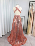 A-Line/Princess Sequins Sleeveless Ruffles V-neck Floor-Length Dresses TPP0004587