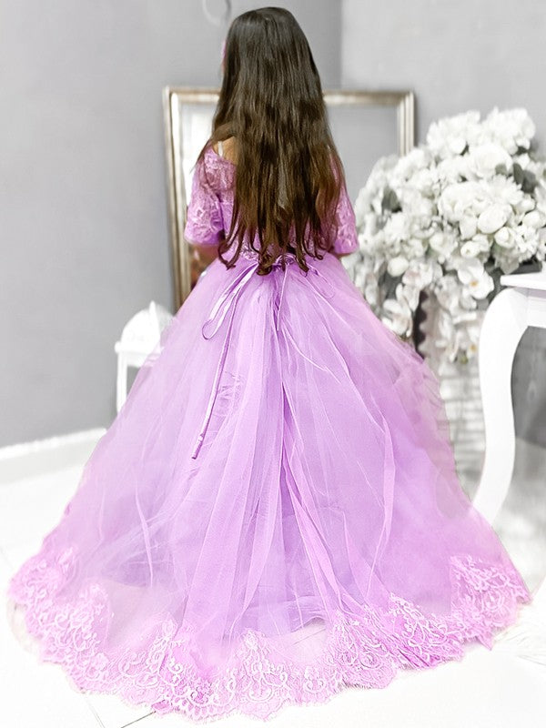Ball Gown Tulle Lace Off-the-Shoulder 1/2 Sleeves Sweep/Brush Train Flower Girl Dresses TPP0007476