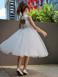 A-Line/Princess Tulle Lace High Neck Sleeveless Knee-Length Flower Girl Dresses TPP0007488