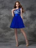 A-line/Princess One-Shoulder Lace Sleeveless Short Satin Dresses TPP0008391
