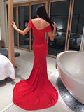 Sheath/Column Spandex Ruched Off-the-Shoulder Sleeveless Court Train Dresses TPP0009086