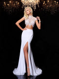Sheath/Column High Neck Lace Short Sleeves Long Chiffon Dresses TPP0009156