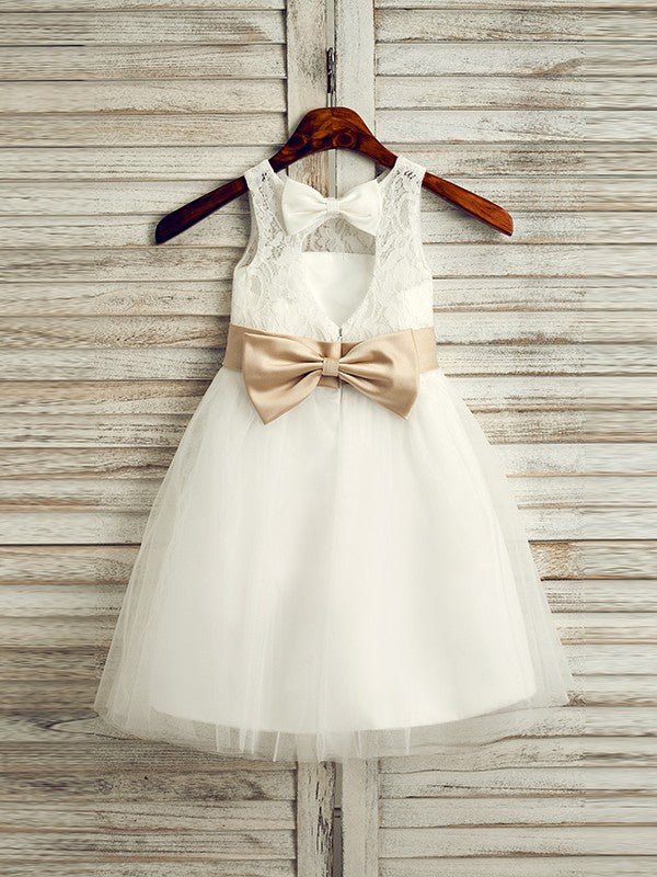 A-Line/Princess Tulle Bowknot Scoop Sleeveless Tea-Length Flower Girl Dresses TPP0007522