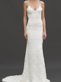 Sheath/Column Sleeveless V-neck Spaghetti Straps Court Train Lace Wedding Dresses TPP0006240