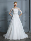 A-Line/Princess 1/2 Sleeves Scoop Lace Court Train Tulle Wedding Dresses TPP0006509
