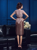 Sheath/Column Jewel Lace Short Sleeves Short Taffeta Mother of the Bride Dresses TPP0007360