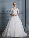 Ball Gown V-neck Court Train 1/2 Sleeves Lace Tulle Wedding Dresses TPP0006340