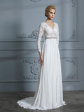 A-Line/Princess 3/4 Sleeves V-neck Lace Sweep/Brush Train Chiffon Wedding Dresses TPP0006390