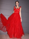 A-Line/Princess Lace Ruffles Square Sleeveless Floor-Length Dresses TPP0004708