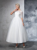 Ball Gown Bateau Lace 1/2 Sleeves Long Net Wedding Dresses TPP0006343