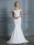Trumpet/Mermaid Off-the-Shoulder Sleeveless Lace Sweep/Brush Train Tulle Wedding Dresses TPP0006423