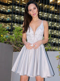 A-Line/Princess V-Neck Sleeveless Satin Applique Short/Mini Homecoming Dresses TPP0004377