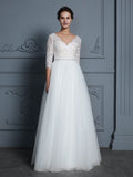 A-Line/Princess V-neck 3/4 Sleeves Floor-Length Lace Tulle Wedding Dresses TPP0006306