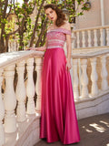 A-Line/Princess Off-the-Shoulder Beading Sleeveless Satin Floor-Length Two Piece Dresses TPP0003592