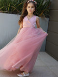 A-Line/Princess Tulle Bowknot V-neck Sleeveless Floor-Length Flower Girl Dresses TPP0007496