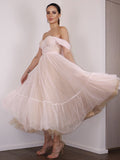 A-Line/Princess Lace Ruched Off-the-Shoulder Sleeveless Tea-Length Homecoming Dresses TPP0004739