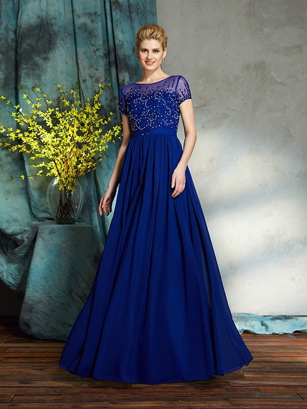 A-Line/Princess Scoop Beading Short Sleeves Long Chiffon Mother of the Bride Dresses TPP0007371