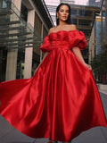 A-Line/Princess Satin Ruffles Off-the-Shoulder 1/2 Sleeves Ankle-Length Dresses TPP0004822